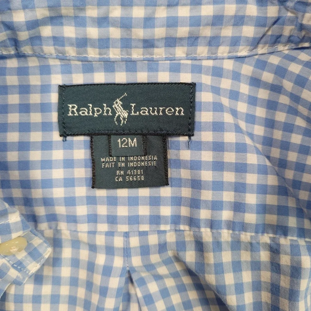 Ralph Lauren Boys Light Blue‎ Gingham Check Long Sleeve Button Down Shirt 12M